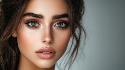 Fototapeta premium closeup portrait of a sensual model looking at camera, concept of beauty, skincare and cosmetics, 8k resolution with copy space