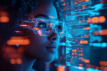 .AI cyber security threat, female african american IT specialist analysing futuristic holographic data information. blue & orange colour,