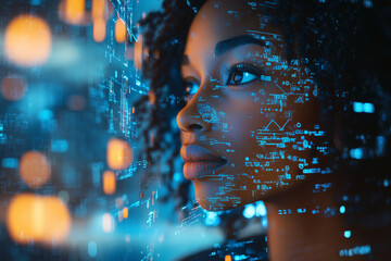 .AI cyber security threat, female african american IT specialist analysing futuristic holographic data information. blue & orange colour,