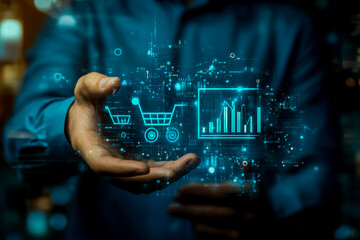 Businessman interacting with a growth graph, shopping cart icon, and bar chart on a virtual sales screen.