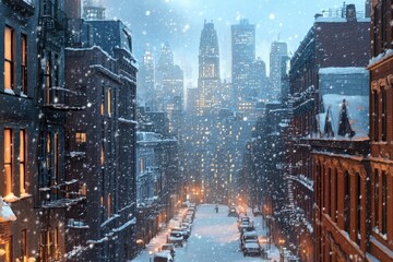 Snowy Alleyway in a City with Tall Buildings and Streetlights