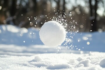 A snowball in mid-air with snow spraying around it.