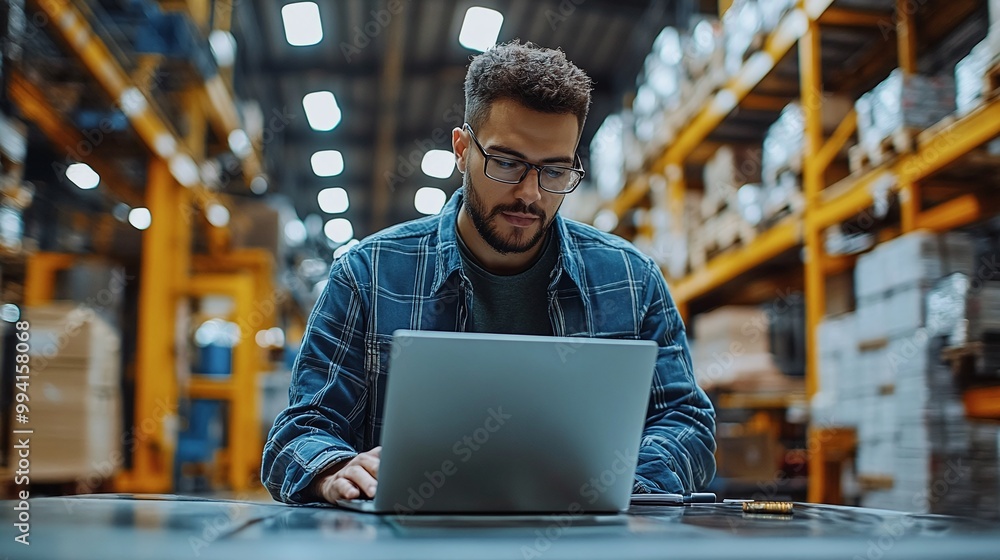 Poster worker in a factory using a laptop to streamline production, showcasing the role of digital tools an