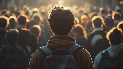 mental illness and loneliness in a male high school student surrounded by a crowd, showcasing the emotional and psychological challenges of teenage isolation