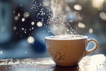 A White Mug with Steam and Snowflakes