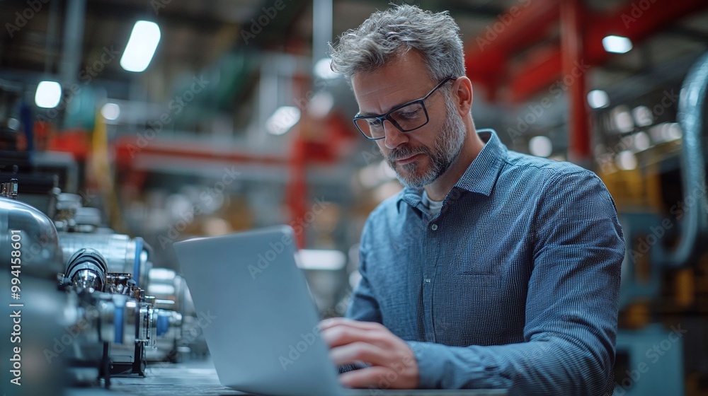 Poster worker in a factory using a laptop to streamline production, showcasing the role of digital tools an
