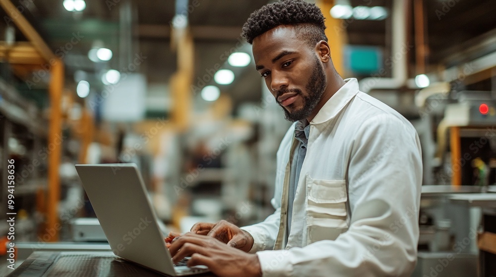 Poster worker in a factory using a laptop to streamline production, showcasing the role of digital tools an