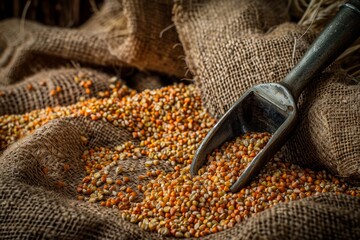 A metal scoop filled with mixed grains spills onto textured burlap sacks. The natural earthy tones and the rough fabric highlight a rustic agricultural scene