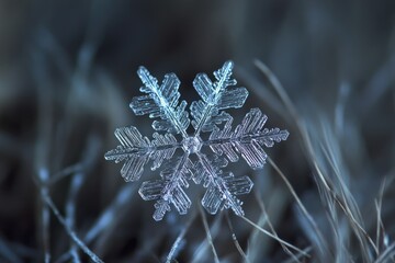 A Delicate Snowflake Crystal on a Dark Background