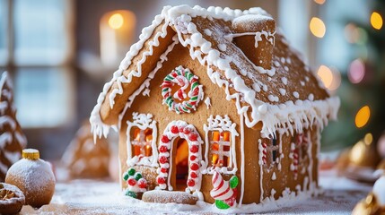 Festive gingerbread house with candy and icing details