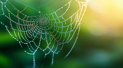 Naklejka premium A close-up of a spider web glistening with dew, set against a blurred green background, creating a serene and natural atmosphere.