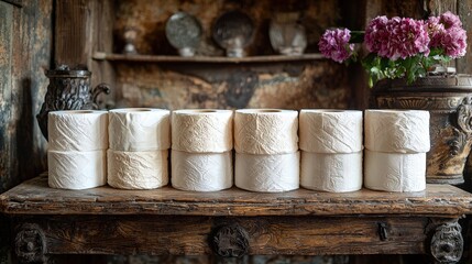 A collection of neatly stacked toilet paper rolls sits on a rustic wooden table, accented by a lovely vase of blooming flowers, creating a cozy atmosphere in the vintage interior