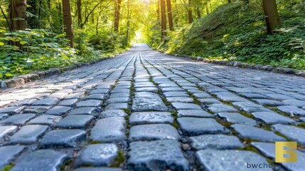 Naklejka premium Captivating low angle view of a cobblestone pathway stretching into the distant horizon