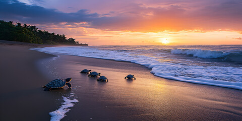 Baby Turtles Making Way to Ocean at Sunrise