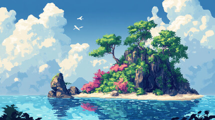 2d pixel art of tropical island, blue sky, fantasy island