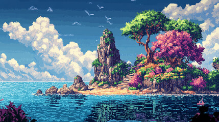 2d pixel art of tropical island, blue sky, fantasy island