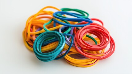 Colorful rubber bands tangled on white background