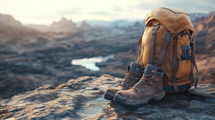 canyon cliff view featuring hiking shoes and a camping backpack symbolizing outdoor adventure, nature trekking, and the thrill of exploration