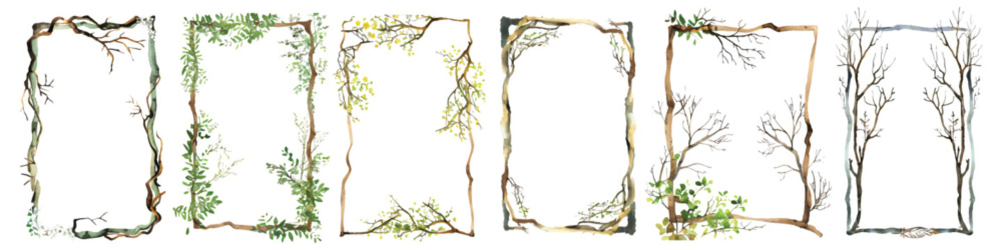 Set watercolor frame border floral tree branches form rectangular shape design resources elements isolated on transparent background