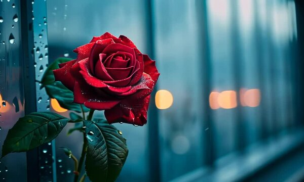 A red rose is sitting on a window sill with raindrops on it Video