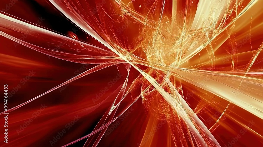 Poster dynamic abstract composition featuring vibrant red and golden lines intertwining in a radiant displa