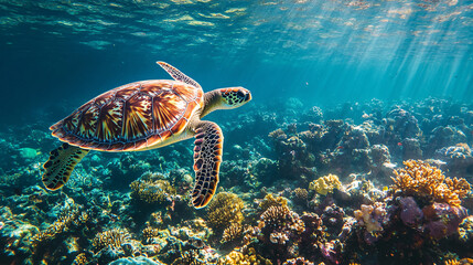 Sea Turtle Swimming in Coral Reef
