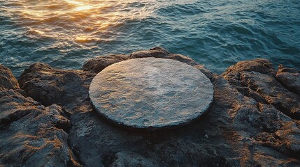 stone plate on a rocky shore by the sea, reflecting the calm and peaceful natural landscape of the seaside with waves gently touching the shore