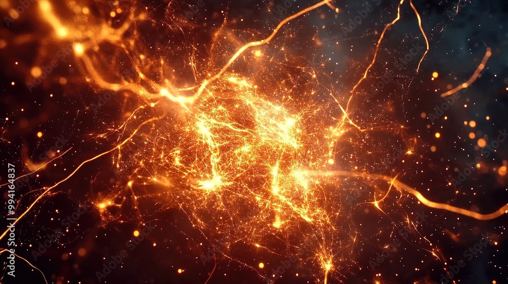 Poster dynamic orange and yellow energy patterns swirl across a dark background, creating an electric atmos