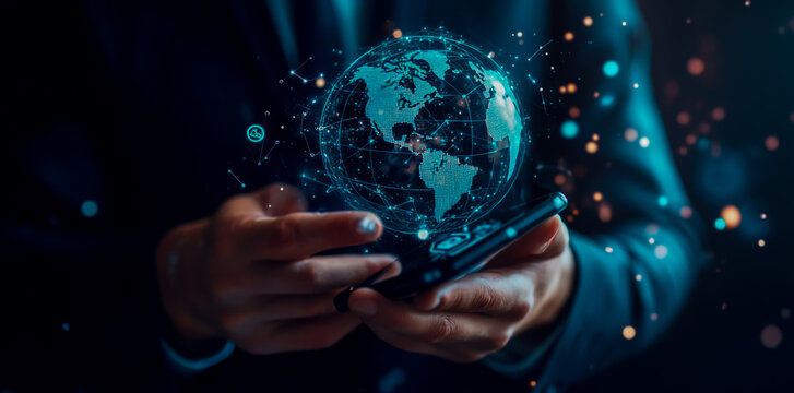 Businessman using a mobile phone with global network and money transfer icons on a virtual screen for online shopping.