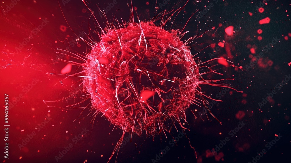 Poster close-up view of a red virus cell floating in a dark background with light effects, illustrating mic