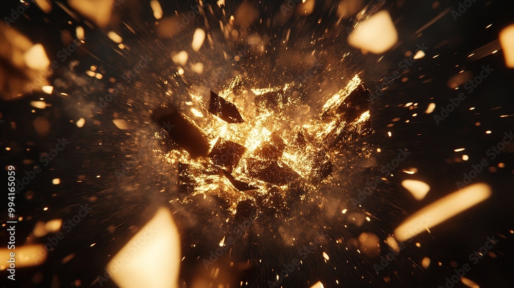 Poster explosive impact with fiery shards scattering in a dark environment during a simulated explosion eve