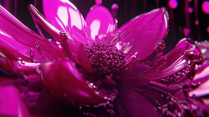 Vibrant close-up of a pink flower with glossy petals surrounded by sparkling droplets at dusk