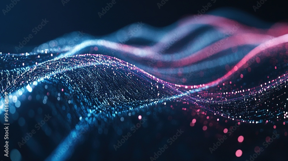 Poster abstract digital waves illuminated in blue and pink tones create a dynamic visual experience in a fu