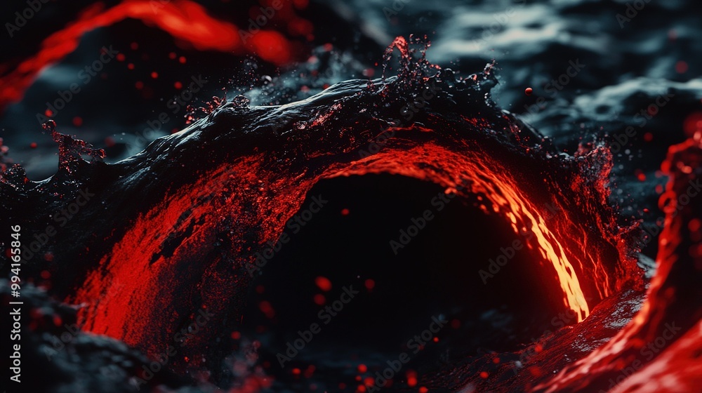 Poster lava flow creating waves with vibrant red glow in an otherworldly landscape during nighttime
