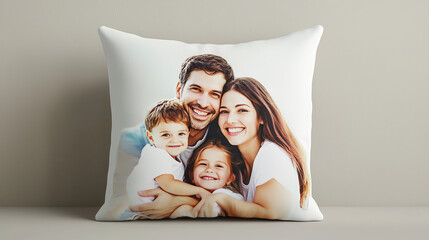 A decorative pillow featuring a happy family photo, symbolizing love, togetherness, and cherished memories.