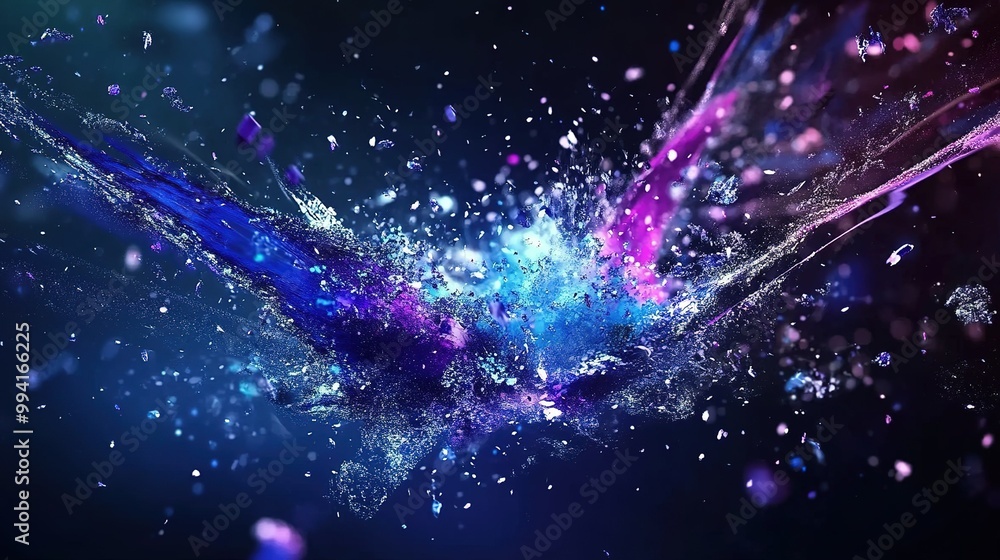 Poster colorful explosion of water and light creating vibrant patterns in a dark background with sparkling 