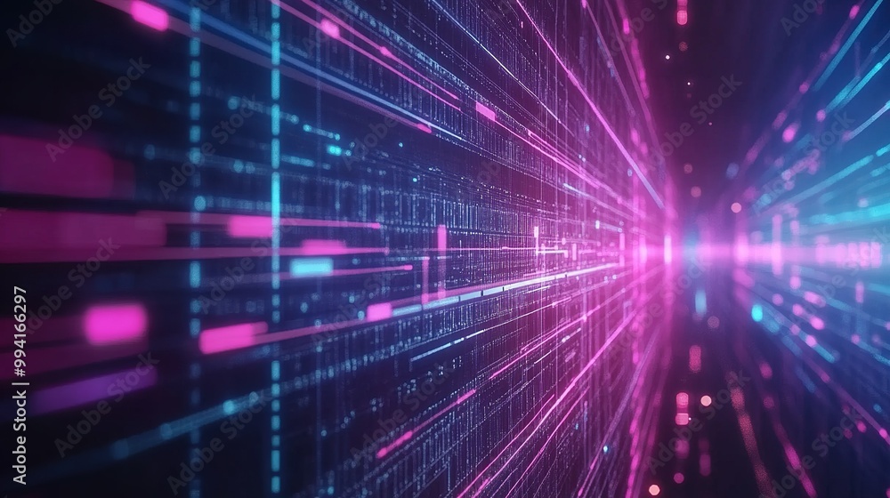 Poster Abstract digital lines creating a vibrant perspective of data streaming with neon colors in a dark space environment
