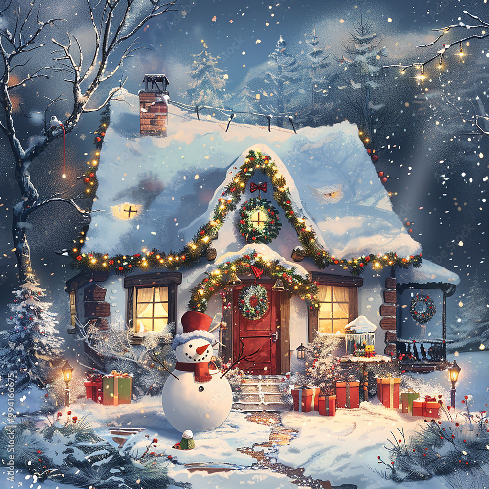 Poster a snowman stands in front of a house with a red door and a wreath on it. the scene is set in a snowy