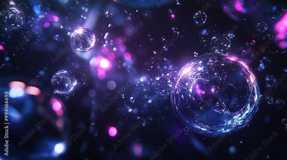 Poster bubbles floating in a vibrant, colorful atmosphere with soft glows and lights during an enchanting n