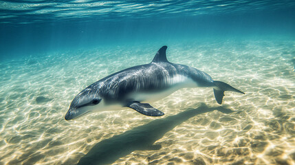 Fototapeta premium Underwater Dolphin Swimming in Clear Blue Water