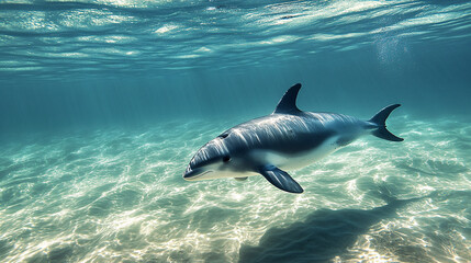 Fototapeta premium Underwater Dolphin with Sun Rays