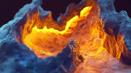 A vibrant and fiery depiction of molten lava flowing through rocky terrain in a dramatic volcanic landscape at dusk