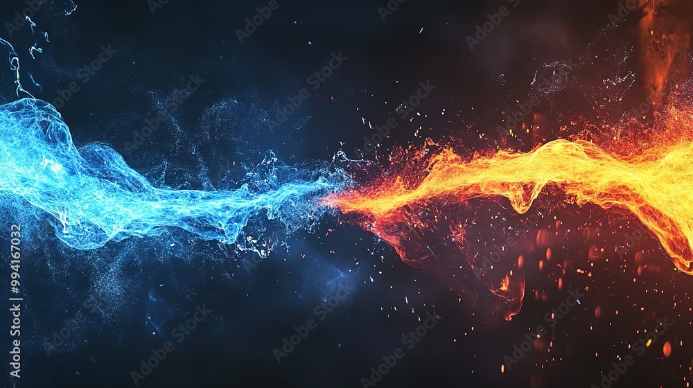 Poster a vibrant clash of fire and water creating a dynamic visual contrast in an abstract artistic represe