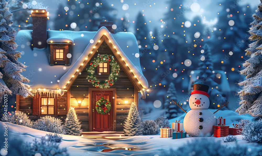 Poster a snowman stands in front of a house with a red door and a wreath on it. the scene is set in a snowy
