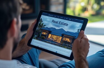 A real estate agent using a tablet to display the web page of their website, which features photos and details about luxury houses for sale, with text "Real Estate" across the top banner Generative AI