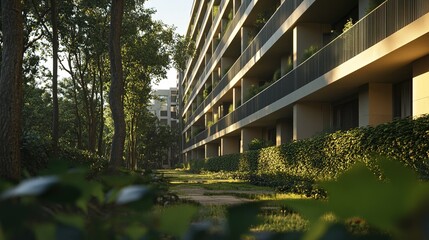 Obraz premium Modern residential building surrounded by lush greenery in an urban setting during golden hour