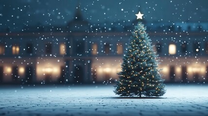 Naklejka premium A serene winter night scene featuring a beautifully lit Christmas tree surrounded by softly falling snowflakes.