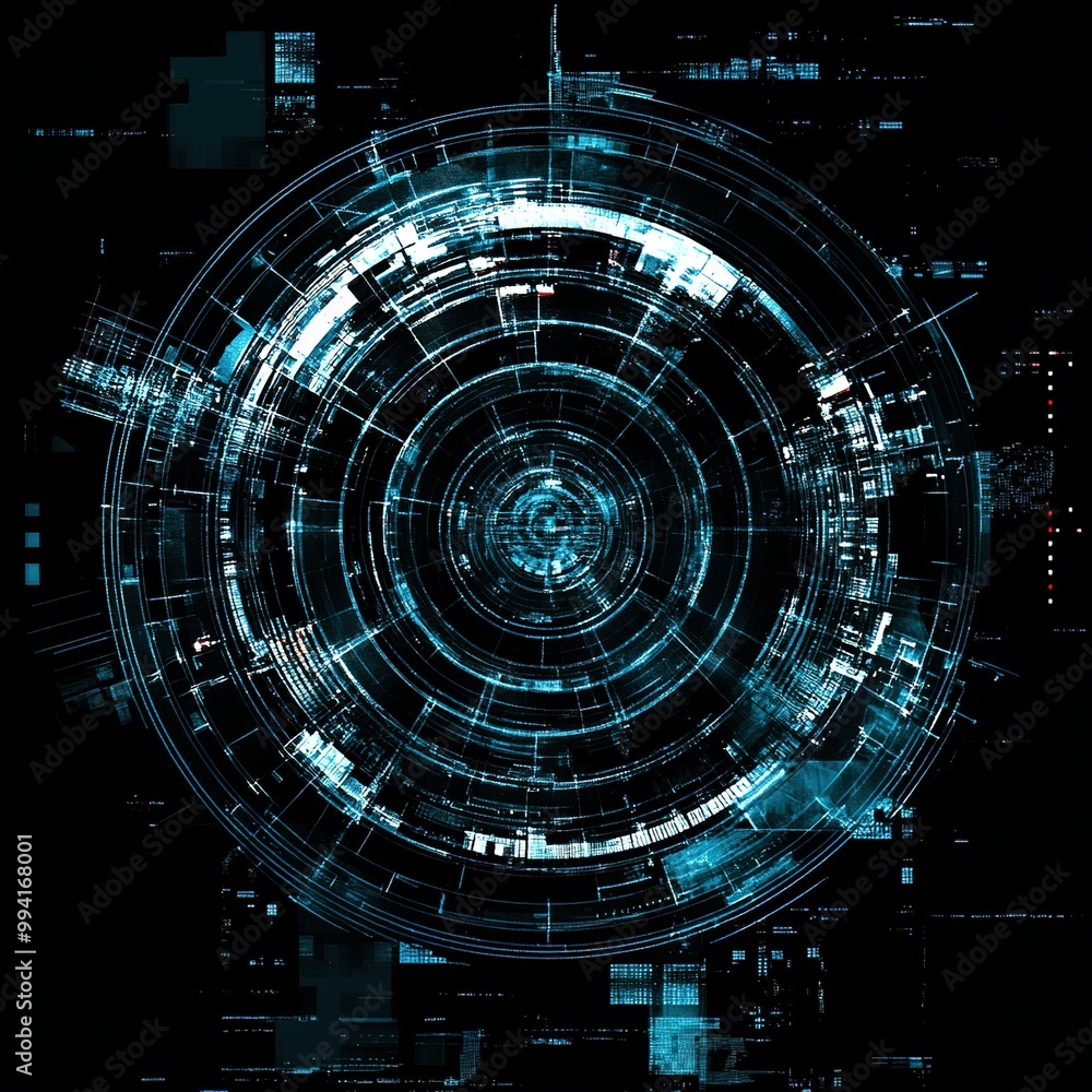 Poster abstract digital design featuring intricate circular patterns in cyan and dark tones, conveying a fu