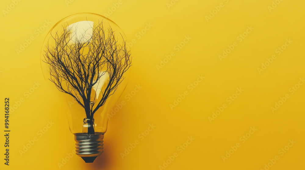 Poster light bulb with tree branches on yellow background