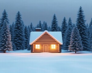 A cozy log cabin nestled in snowy woods, illuminated warmly, surrounded by tall, frosted evergreen trees under a serene winter sky.